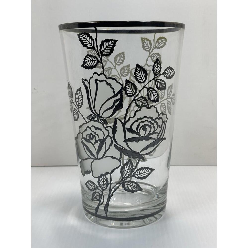 Vintage Sterling Silver Overlay Rimmed Glass Ice Bucket Vase Rose Bud Flower MCM